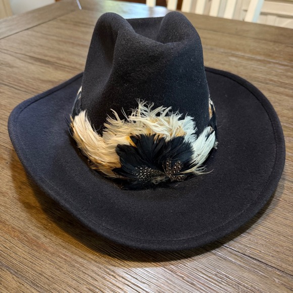 Bollman Hat Company Accessories - Vintage Black Wool Felt Cowboy Hat Feather Band Size 6 7/8 Western Boho Festival